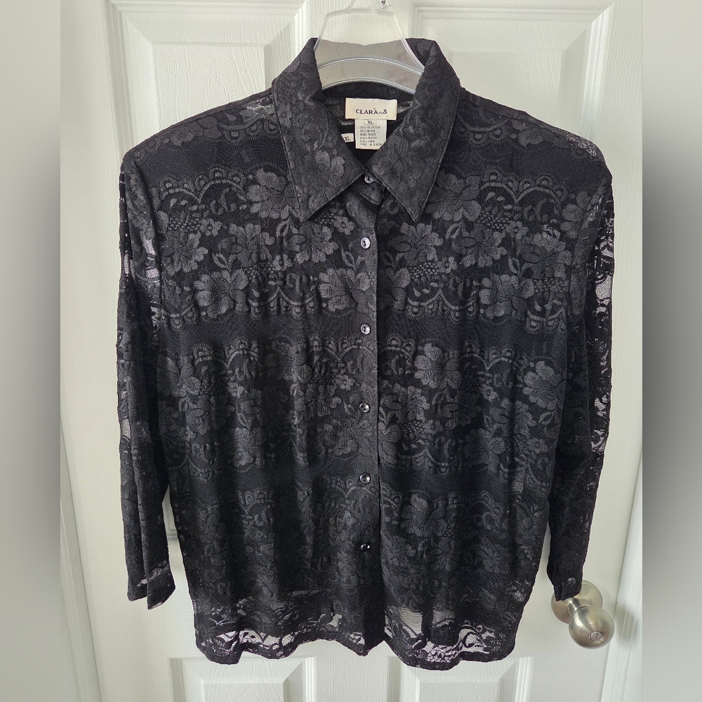 Clara S Black Sheer Floral Lace Button Down Blouse Cami 2 Piece Set